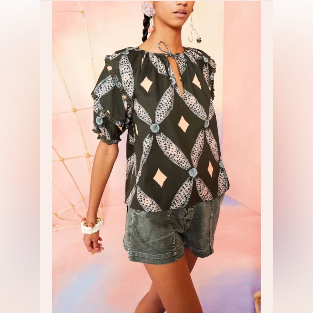 Ulla Johnson Arusi Cotton Poplin Top Size 8 Army Diamond Print Puff Sleeve Large